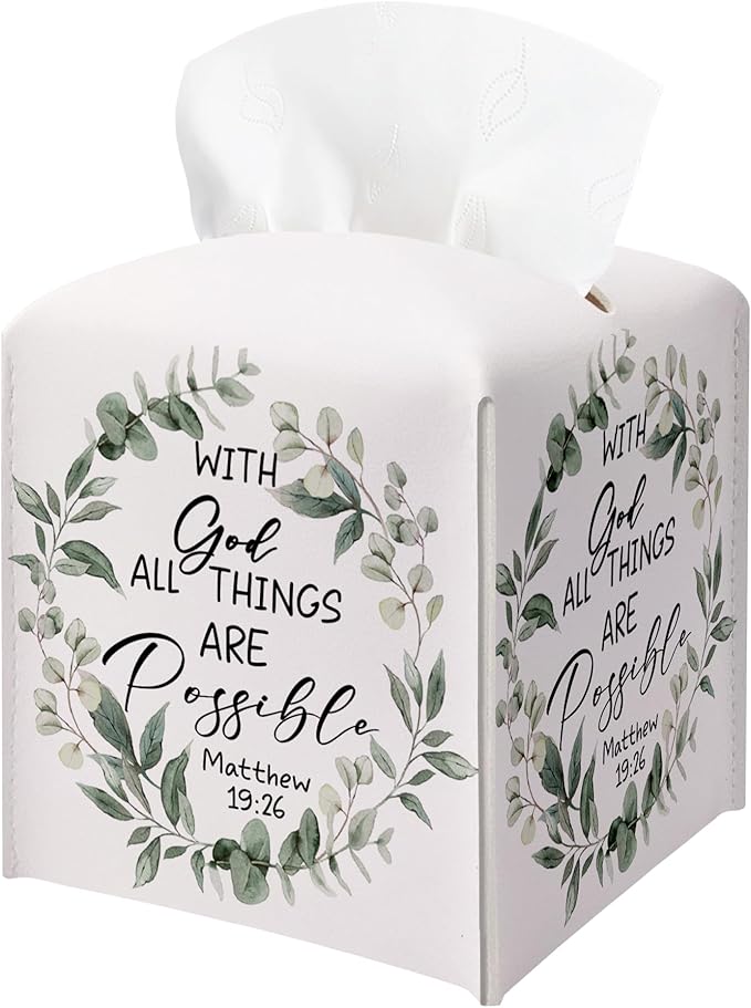 Eucalyptus Bible Verse Tissue Box Cover, PU Leather Drawstring Bottom - God Bible Verse, Eucalyptus Wildflower Decor, Thank You, Farewell, for Friends, Colleagues, Christians | Decorative Organizer