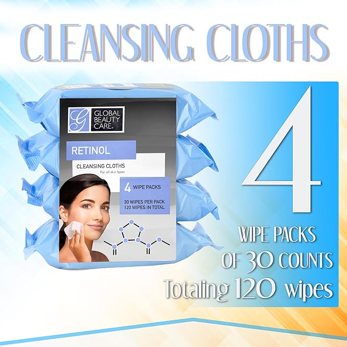 Global Beauty Care Retinol Makeup Remover Wipes with Collagen Renewing Support - Facial Cleansing Cloths, Remove Waterproof Mascara, Oil & Dirt, Texture Smoothing, All Skin Types, 120 Count (4-Pack)