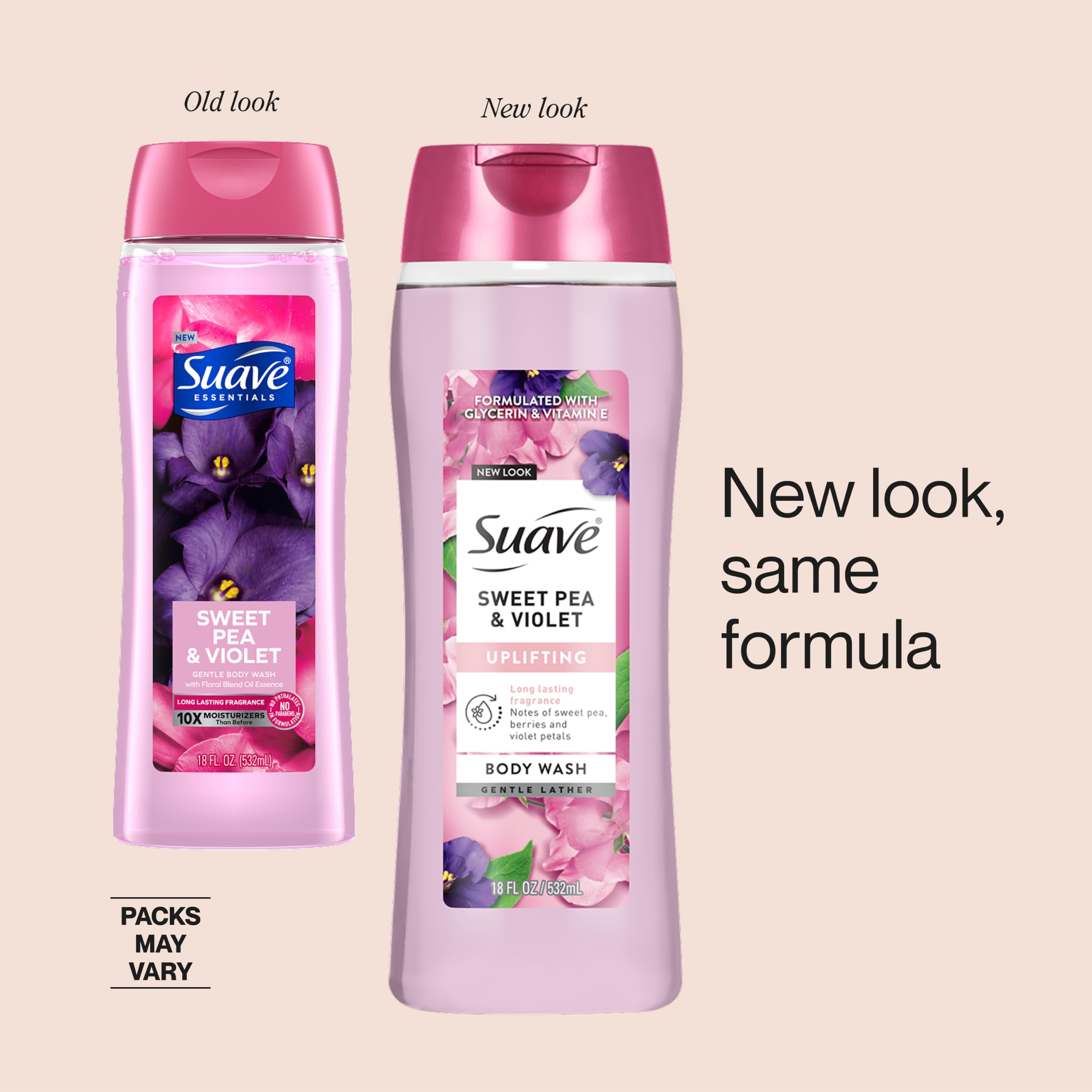 Suave Moisturizing Body Wash, with Sweet Pea Violet and Vitamin E Extract, No Parabens, No Phtahaltes, 18 Fl Oz (Pack of 6)