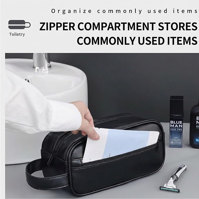 Men’s Toiletry Bag - Vintage PU Leather Kit for Travel - Water-Resistant Shaving Bag,Compact Pouch Gift for Husband, Dad (Black)