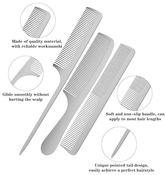 Metal Comb Set, 3Pcs Stainless Steel Fine Tooth Comb Thin Combs for Beard & Hair Care, Professional Barber Combs Set Unbreakable Teeth Design Anti-Static Heat Resistant, Suitable for Men Women