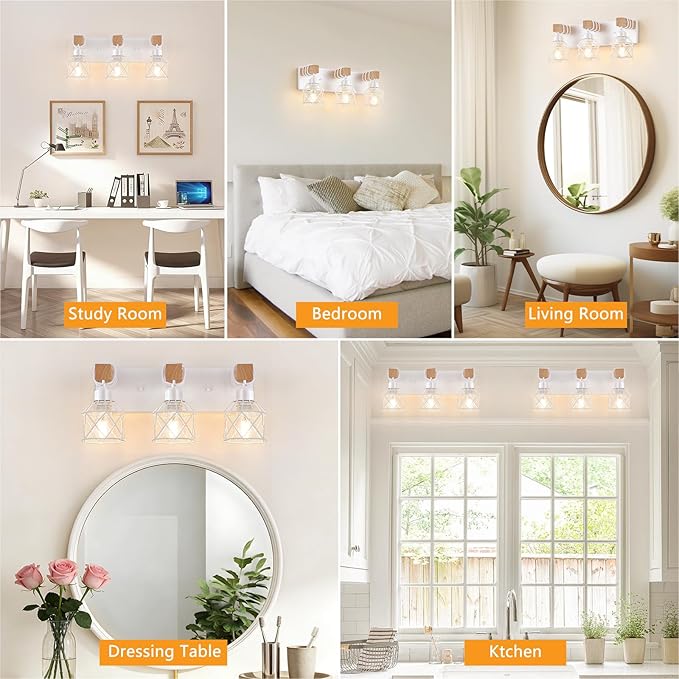FadimiKoo 3-Light Farmhouse White Bathroom Vanity Light Fixtures, Rustic Wood Vanity Lights for Bathroom, Modern Bath Sconces Wall Lighting with Elegant Metal Shade for Mirror, Living Room, Bedroom