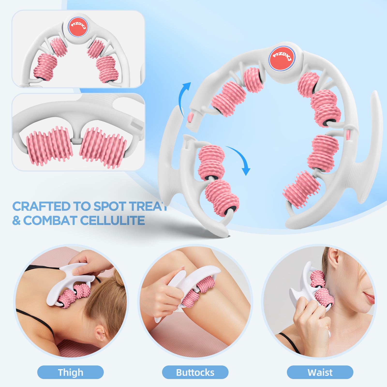 MZDXJ Cellulite Massage Tool - Lymphatic Drainage Massager - Muscle Roller, Deep Fascia Massage, Dimpled Skin Removal, Legs/Thighs/Buttocks, Anti-Cellulite Roller, Smooth Skin (14 Wheel - Pink)