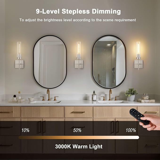 SANTOSTOCK Brushed Nickel Battery Operated Wall Sconces with Remote Control, Wireless Wall Sconce Set of 2, Rechargeable Cordless Wall Lights for Living Room Bathroom Hallway Entryway Stairwell, 3000K