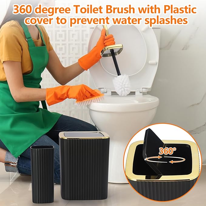 Bathroom Accessory Set,9 Pieces Black Bathroom Accessory Set with Toothbrush Holder, Trash Can, Lotion Soap Dispenser, Toothbrush Cup, Vanity Tray, Soap Dish, Toilet Brush, Qtip Holder