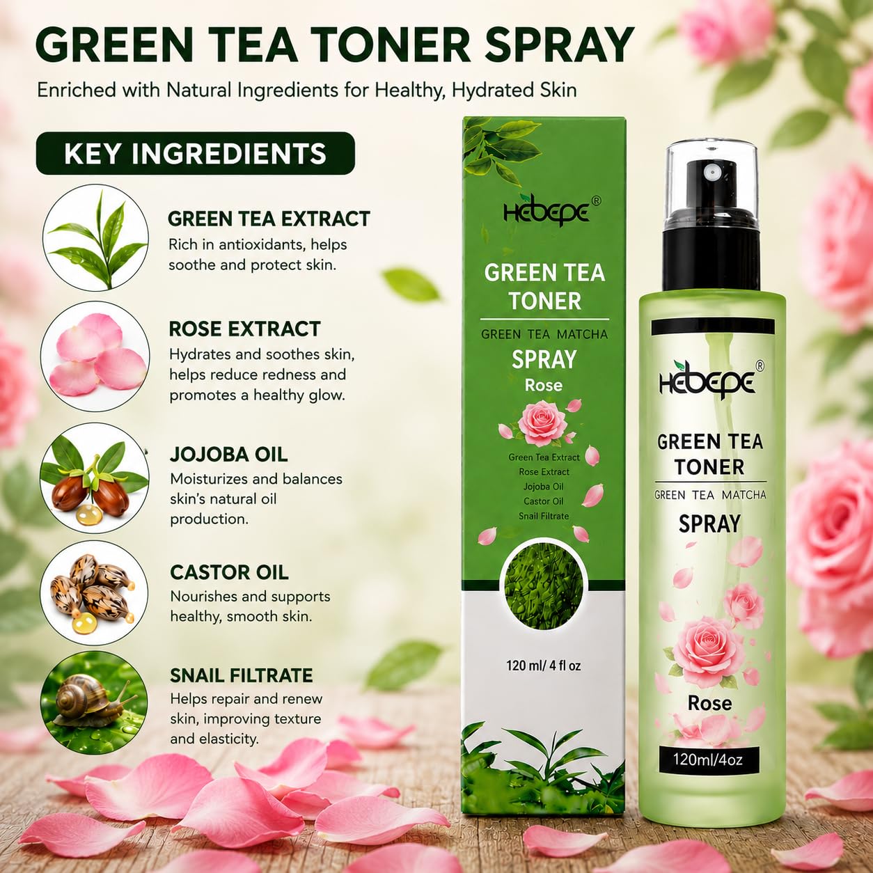 Hebepe Green Tea Matcha Facial Toner, Rose Petal, 120ml
