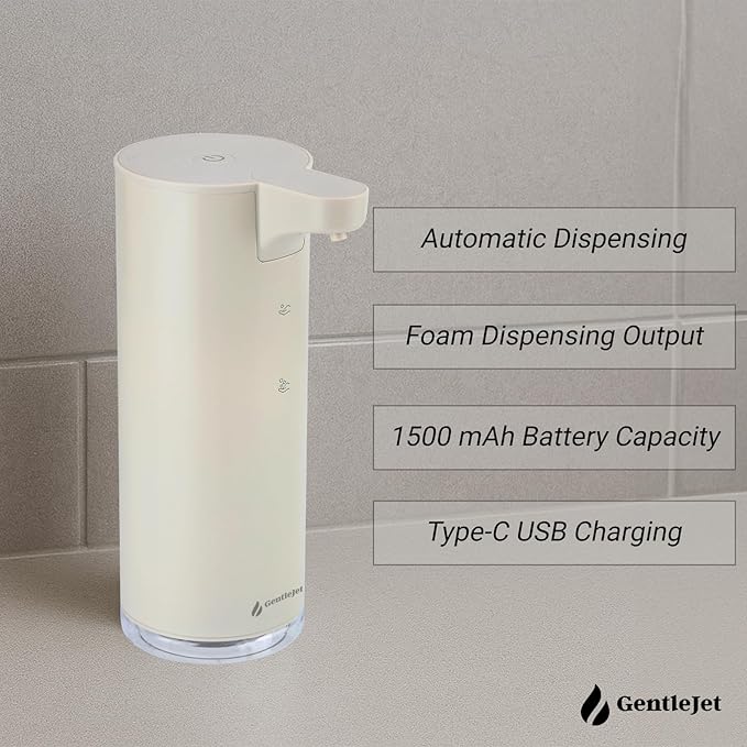 GentleJet EasyFoam Automatic Foaming Soap Dispenser, Touchless USB-C Rechargeable Sensor Pump, 304 Stainless Steel, Adjustable Foam, IPX5 Water-Resistant for Bathroom & Kitchen, 10 fl oz / 300 mL