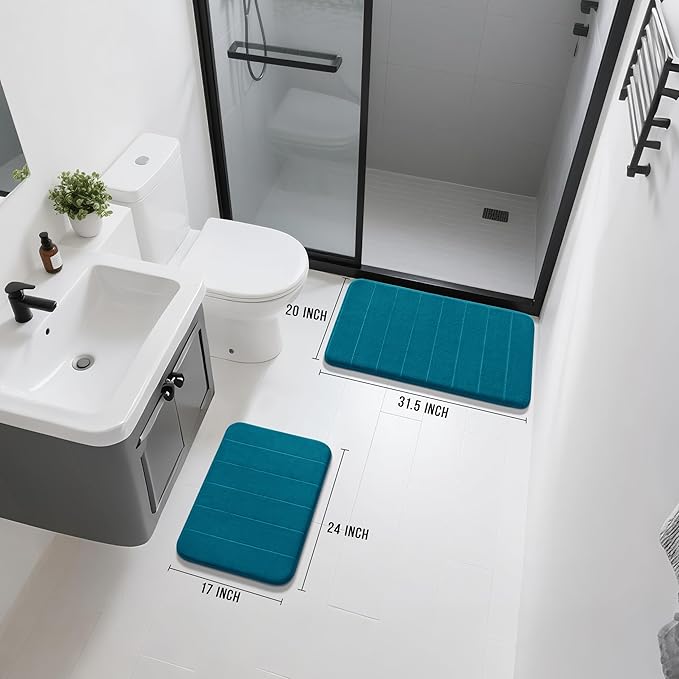 Yimobra Memory Foam Bathroom Rugs Sets 2 Piece - Super Soft Absorbent Quick Dry Bath Mat Set, Machine Washable Non Slip Floor Carpet for Tub Shower & Single Sink (17x24 & 31.5x20 Inch, Peacock Blue)