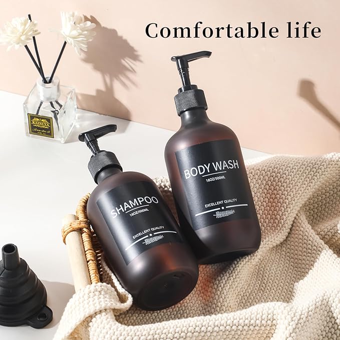 Mithrgrous Refillable Matte Amber Plastic Shampoo and Conditioner Bottles (5 Pack, 16.9oz), with Pumps and Labels