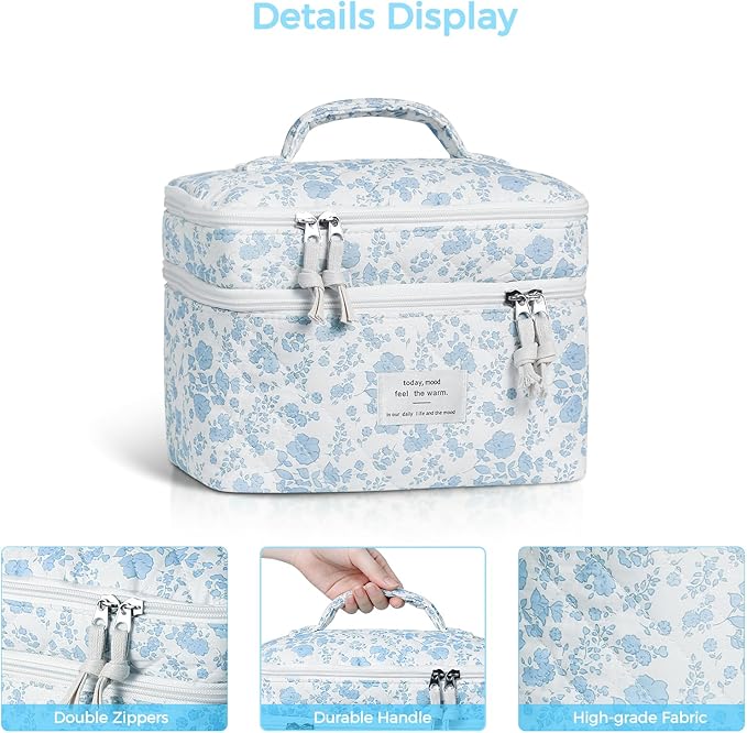 Gosect Quilted Floral Makeup Bag, Double Layer Large Capacity Cosmetic Bag with Compartments, Cute Coquette Aesthetic Toiletry Bag, Portable Travel Organizer with Dividers for Women Girls