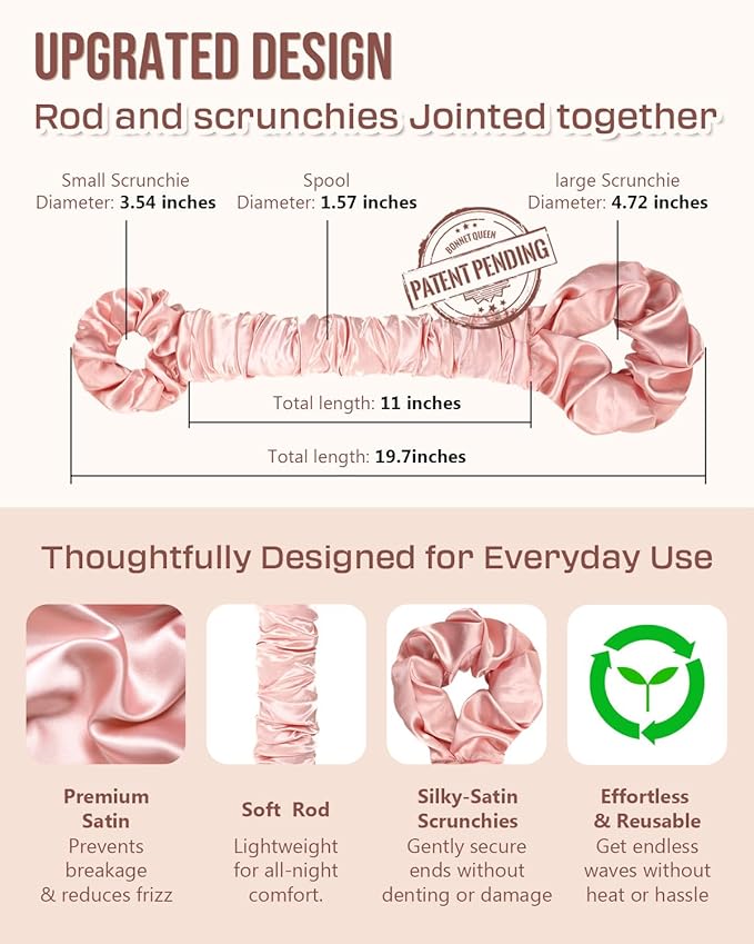 BONNET QUEEN Large Satin Heatless Hair Curler for Long Thick Hair, Heatless Curls Overnight, Hair Curlers to Sleep In, Damage-Free Waves for Women with Built-in Scrunchie, Cream Pink