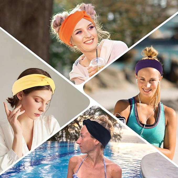 Stretchy Wide Headbands for Women - 12 Pcs Non Slip, Absorbed Sport Headband Soft Twist Knotted Headbands for Daily Life Yoga Workout (12 Color2)