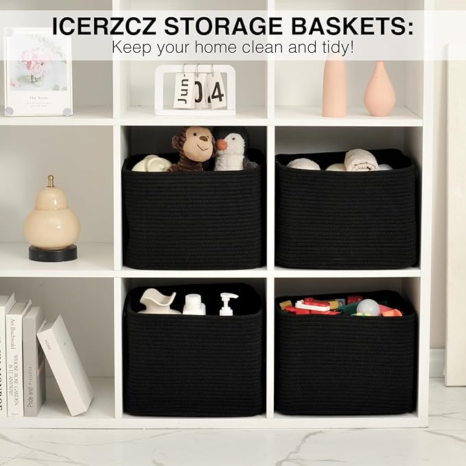 ICERZCZ Storage Baskets for Organizing & Shelves, Woven Cotton Rope Organization Bins for Dog Toys, Clothes, Books, Nursery Organizer, 15" Lx11''Wx9.5''H, (4 Packs) Black