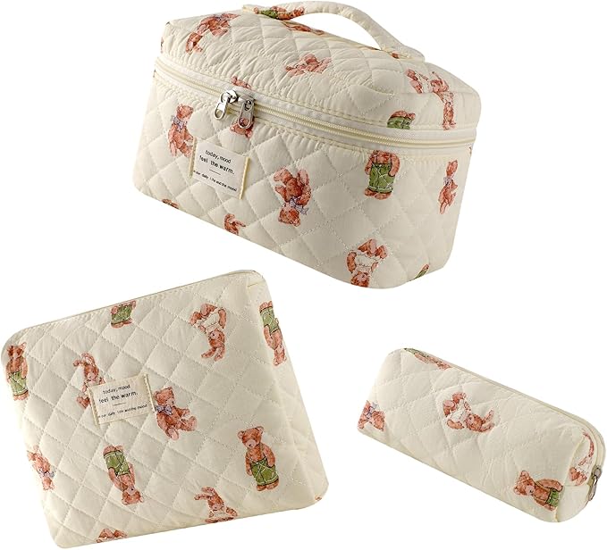 uekeboag 3Pcs Large Travel Quilted Makeup Bag for Women, Floral Cotton Cosmetic Bag, Coquette Aesthetic Floral Toiletry Organizer Bag(3Pcs WhiteBear