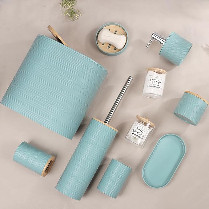 IMAVO Blue Bathroom Set,26Pcs Bathroom Accessories Set with PVC Shower Curtain,Rugs,Trash Can,Tray,Soap Dispenser,Soap Dish,Toothbrush Holder,Toothbrush Cup,Toilet Brush Holder and Qtip Holders