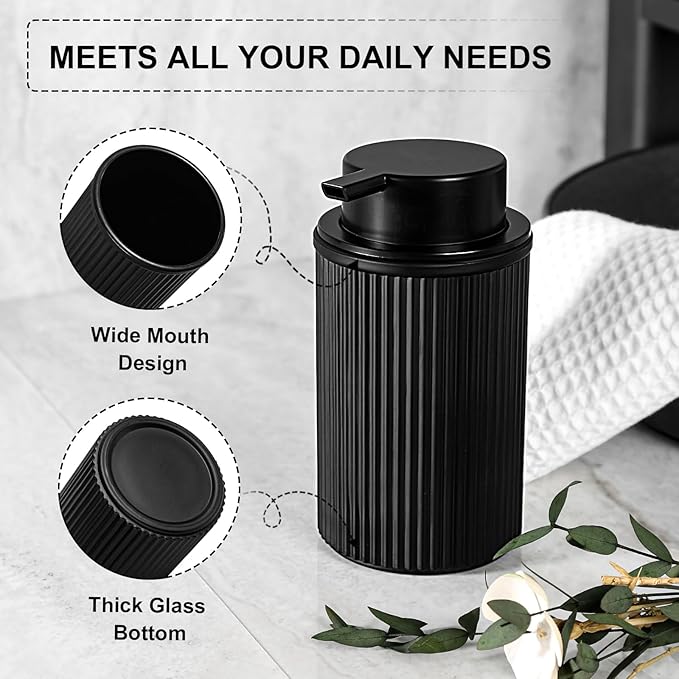 Matte Black Foaming Soap Dispenser, Ribbed Glass Foam Hand Soap Dispenser for Bathroom, 11 Fl Oz Refillable Foaming Bottle with Black Pump, Modern Dish Soap Foam Dispenser