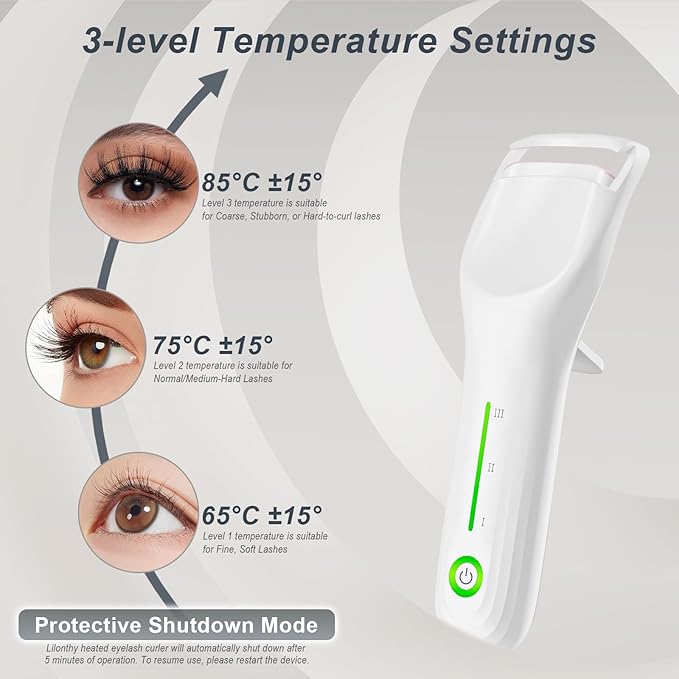 Heated Eyelash Curler for Women, Type-C Rechargeable with 3 Temp Settings & Silicone Pad for Natural C Curl, Travel-Friendly Heated Lash Curler (White)