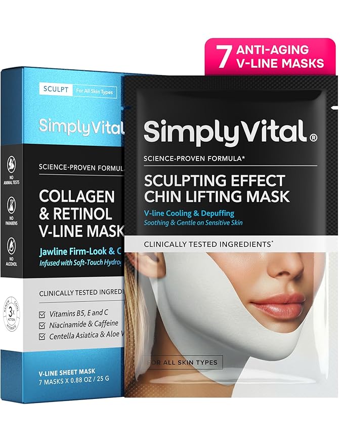 V Line Lifting Mask with Collagen, Retinol & Hyaluronic Acid - Caffeine, Niacinamide Visible Neck Tightening and Chin Lifting Mask for Women - Double Chin Strap for Face & Jawline Shaper - 7 pcs