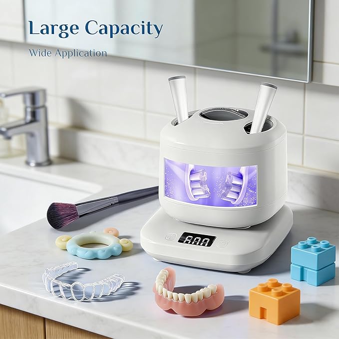 Ultrasonic Jewelry Cleaner Machine with Purifying Light, Detachable Retainer Cleaner for Jewelry, Retainers, Dentures, 42kHz Ultrasonic Cleaner with 3 Modes, Waterproof, for family, White
