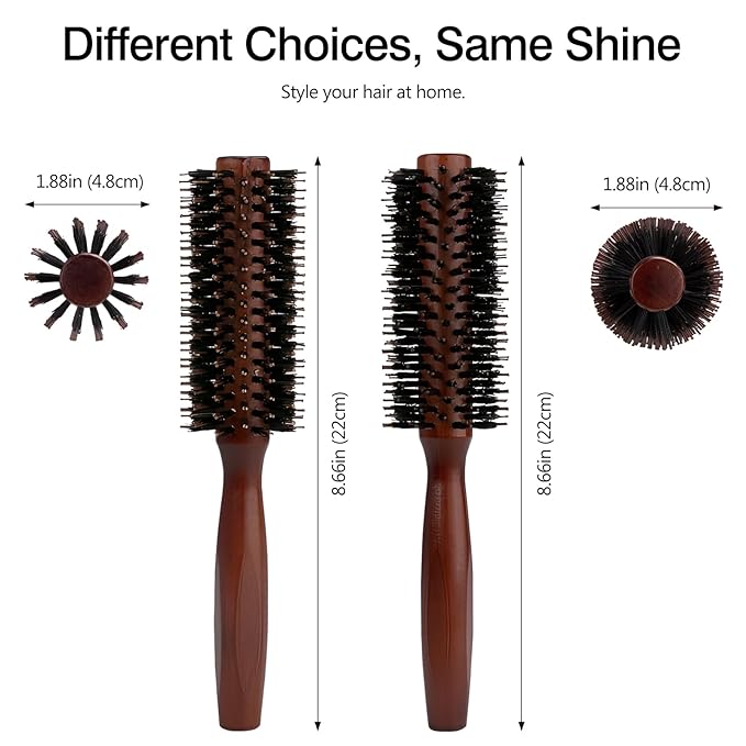 Round Boar Bristle Hair Brush with Wooden Handle Ideal for Styling Medium to Long Hair Thick, Fine, Curly, Or Straight Hair, Enhances Volume and Shine, Brown