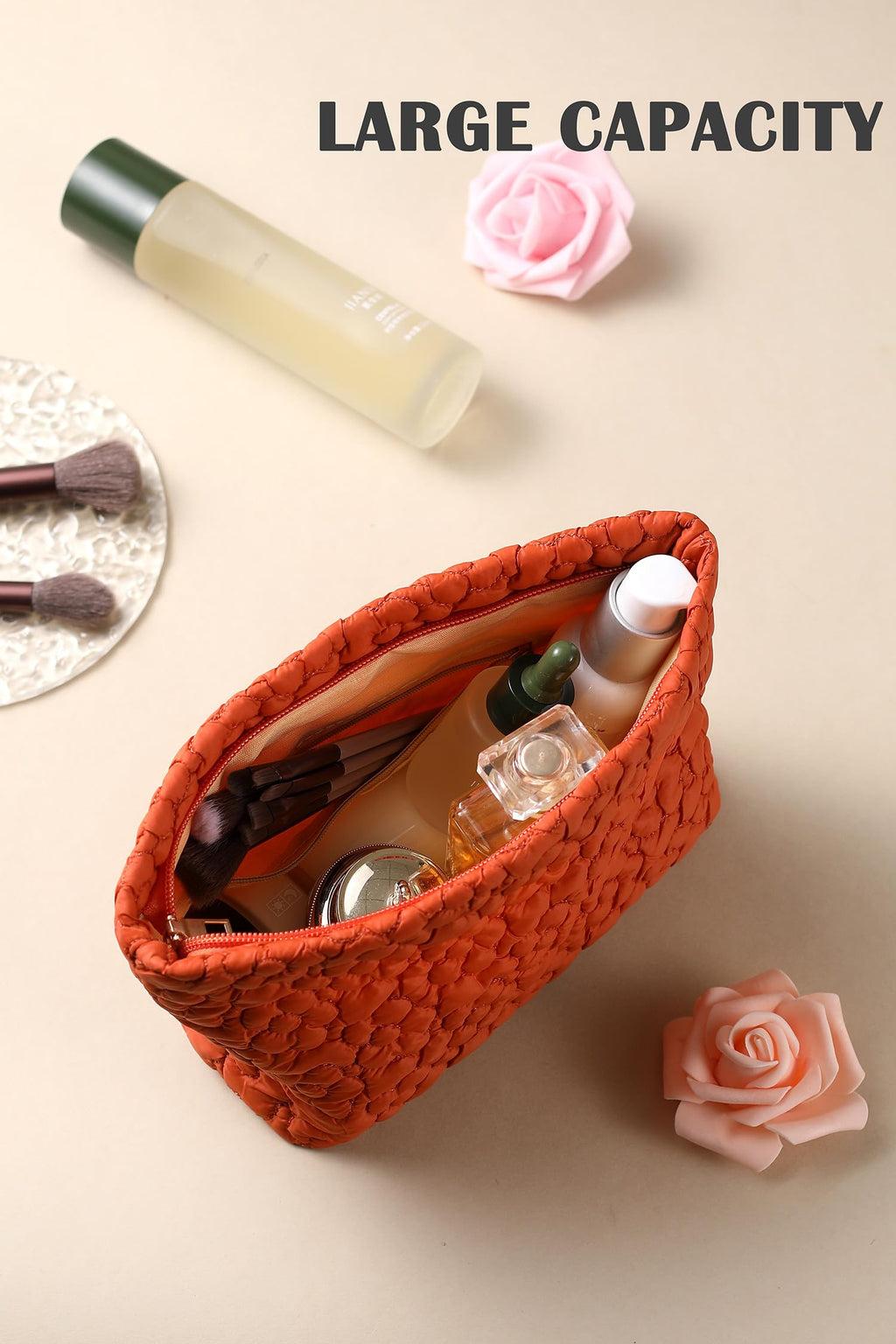 HFLZBRO Puffy Quilted Makeup Bag for Women, Cosmetic Bag, Travel Toiletry Organizer Pouch Clutch (Orange Flowers)