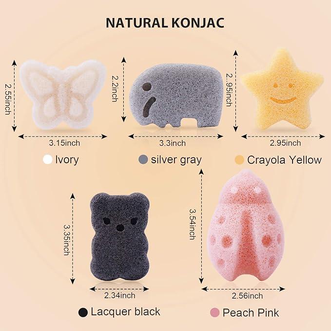 Konjac Baby Sponge for Bathing, Kids Bath Sponges for Infants, Toddler Bath Time, Cute Shapes and Safe Plant-Based Konjac Baby Bath Accessories, 5pcs