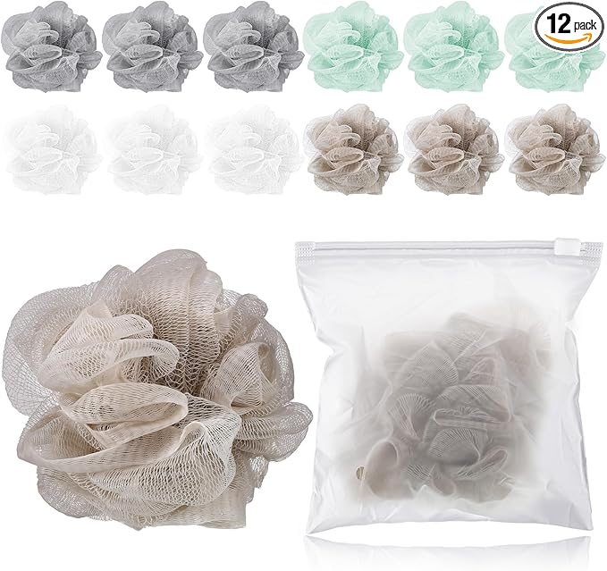 Funnymoom 12 Pcs Travel Size Loofah Individually Wrapped, Small Shower Puff Bath Sponge Pouf Ball Bulk Mesh Bath Puff Mini Loofah Sponge with Case Bulk for Shower Care (25g,Multicolor)