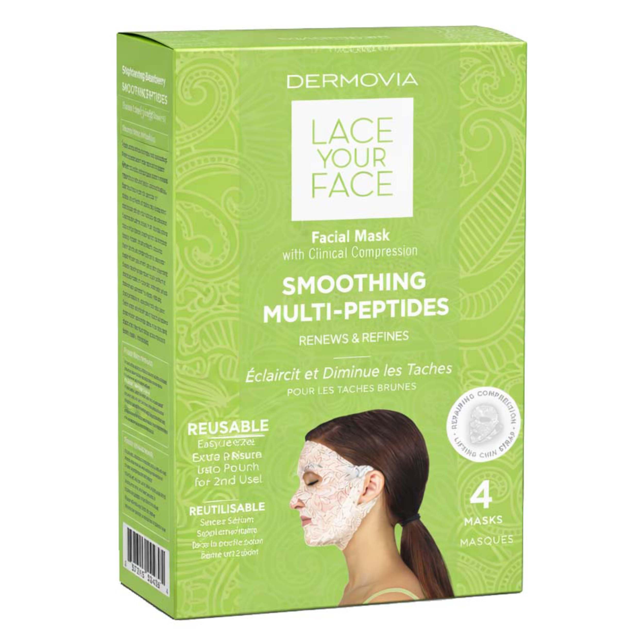 DERMOVIA LACE YOUR FACE Patented Compression Facial Mask, AS SEEN ON SHARK TANK, Reusable Biodegradable Cotton Anti Aging Skin Care, Smoothing Peptides, 4 pack
