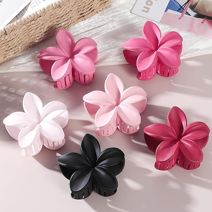 Sisiaipu Flower Hair Clips for Women 6 Pcs Hawaiian Large Claw Clips Plumeria Medium Hair Claw Clips for Thick Thin Hair Hibiscus Tropical Beach Hair Accessories for Women Girls and Girls (Pink)
