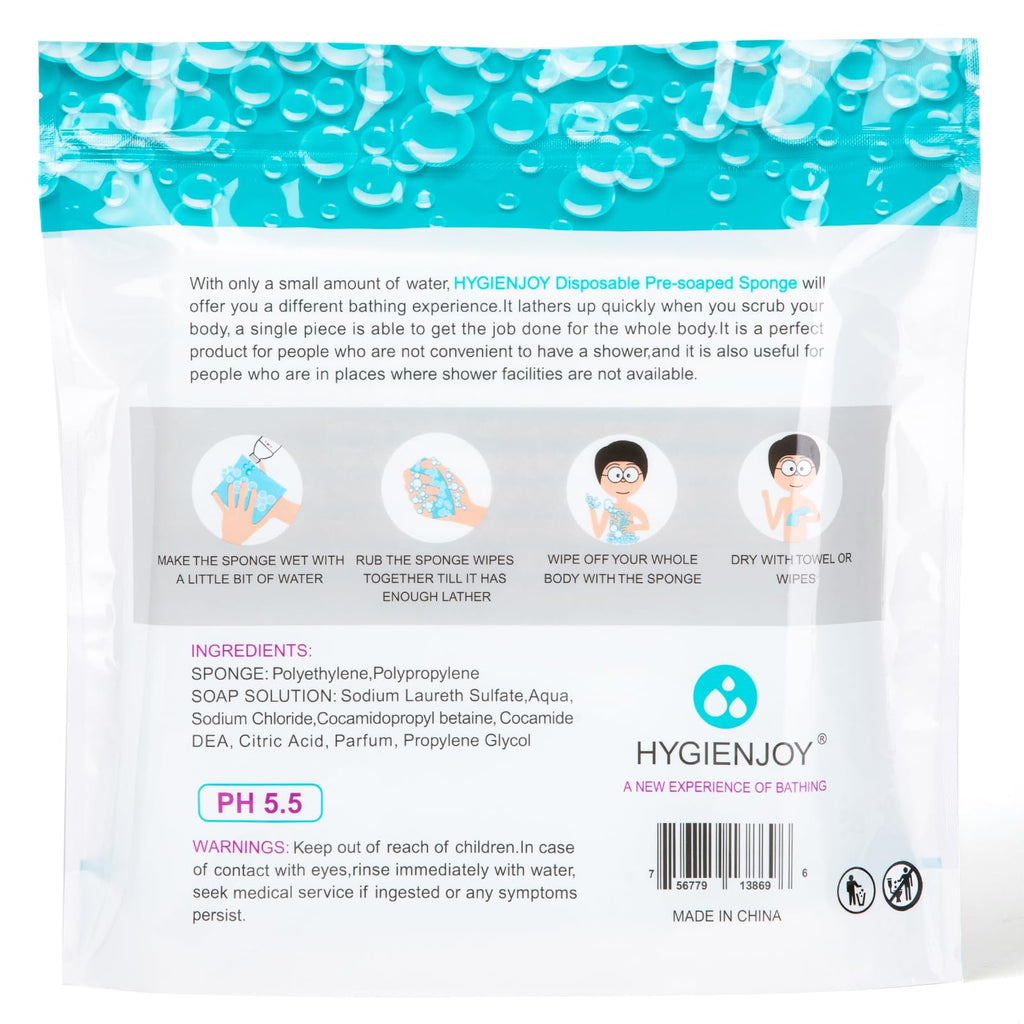 HYGIENJOY-Rinse Free Bath Sponges No Rinse Bathing Wipes(25 Counts)-No Residue Shower Wipes,Soap Infused,Lather,For the Elderly,Bedridden,Campers,Hikers,Post Surgery Must Haves
