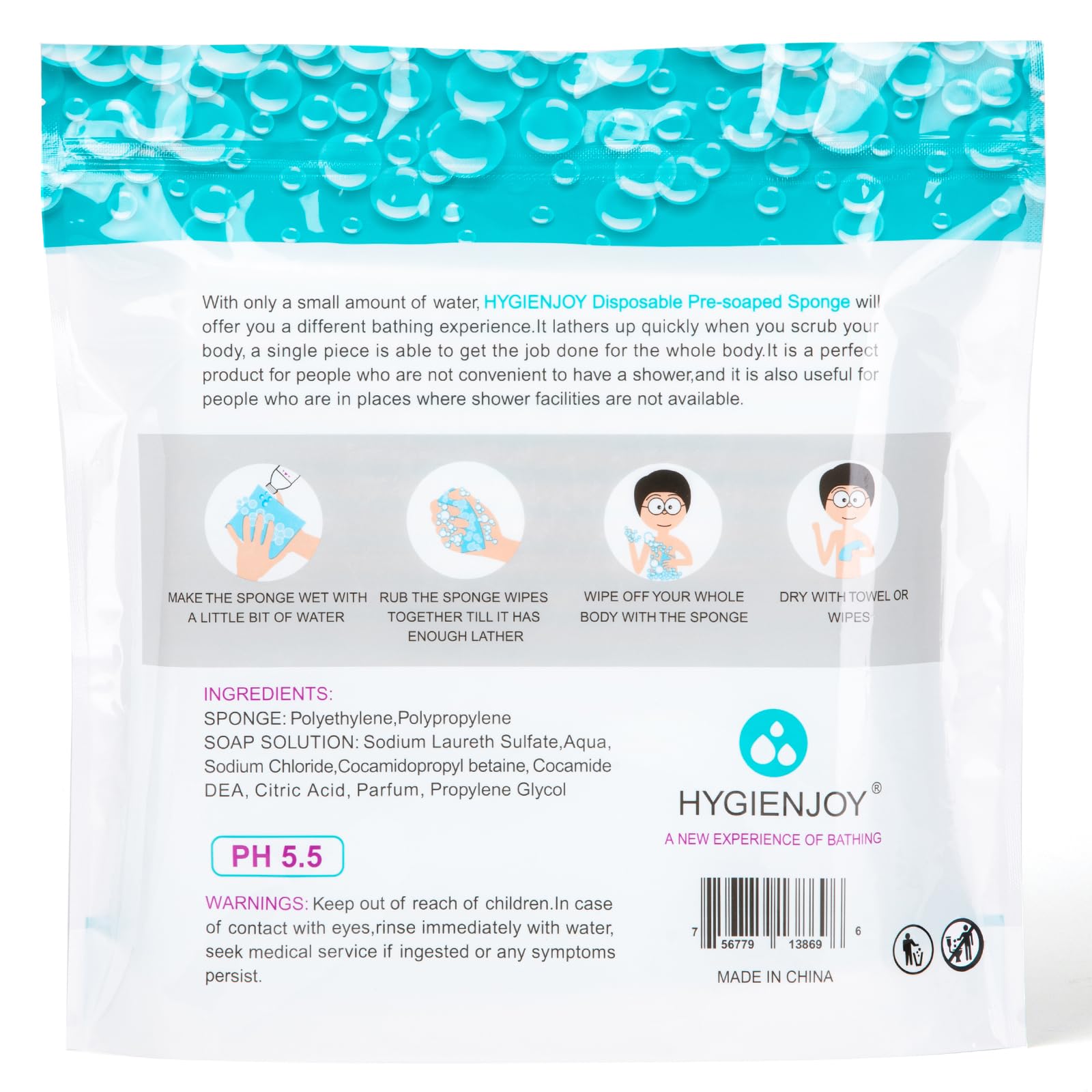 HYGIENJOY-Rinse Free Bath Sponges No Rinse Bathing Wipes(25 Counts)-No Residue Shower Wipes,Soap Infused,Lather,For the Elderly,Bedridden,Campers,Hikers,Post Surgery Must Haves