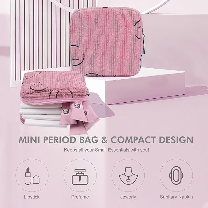 Sanitary Napkin Storage Bag, Corduroy Period Bag for Women, Cute Portable Period Pouch with Zipper, Sanitary Pads Bag Tampons Holder for Purse, First Period