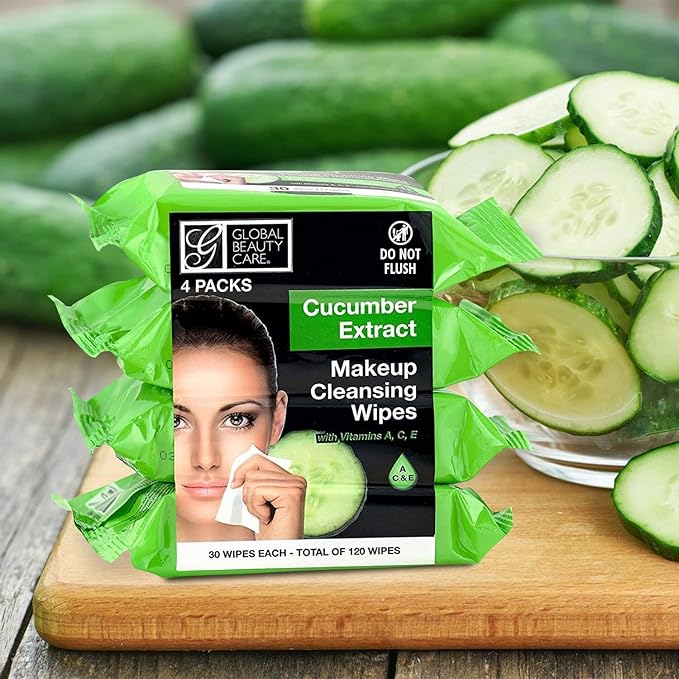 Global Beauty Care Cucumber Makeup Remover Wipes with Vitamins A C E For Cooling Skin Support - Facial Cleansing Towelettes Remove Waterproof Mascara, Oil & Dirt, All Skin Types 120 Count (4-Pack)