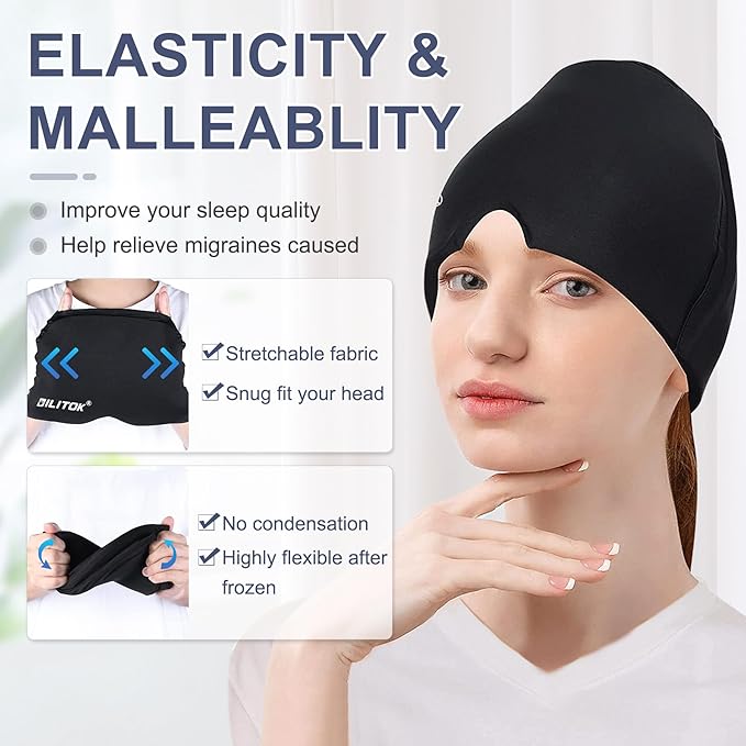 Migraine Relief Gel Ice Head Wrap, Hot and Cold Therapy Headache Relief Hat, Migraine Cap for Puffy Eyes, Headache Eyes Mask for Sinus, Tension and Stress Relief (Black & Pink)