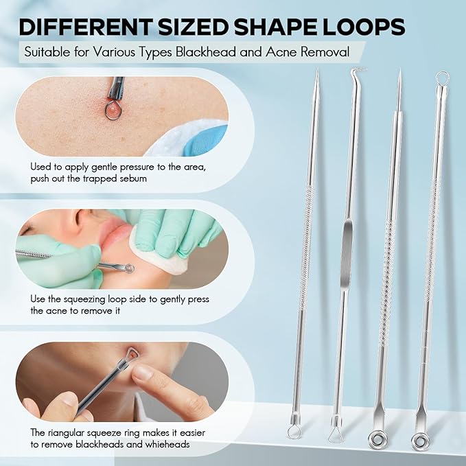 FEITA Blackhead Remover Pimple Popper Tool Kit, Comedone Pimple Extractor Acne Tools for Face Nose, Stainless Acne Needle Zit Popping Removal Facials Tool, Silver 4Pcs