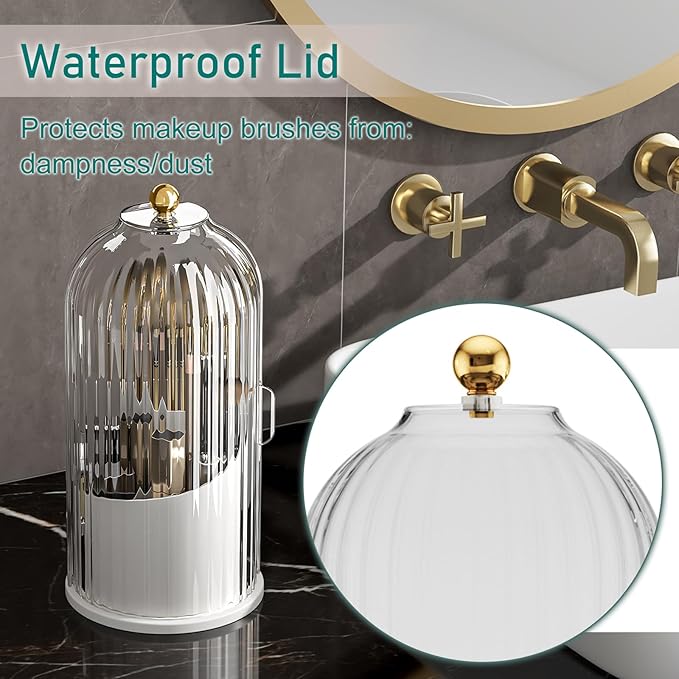 GAXmi Makeup Brush Holder with Lid Rotating Cosmetic Organizer, Transparent