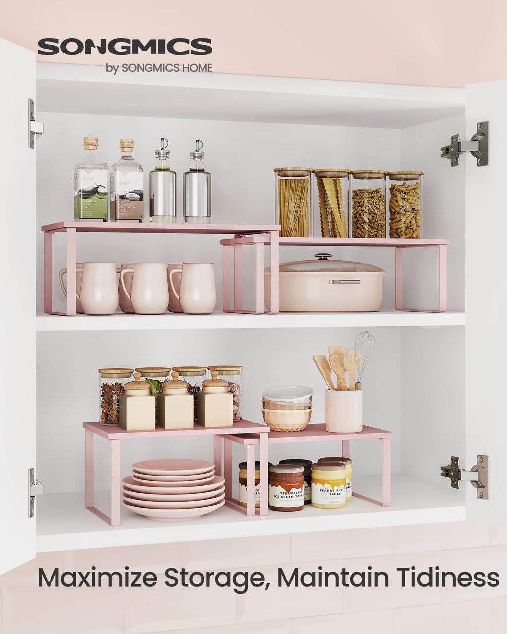 SONGMICS Cabinet Organizer Shelf, Set of 2 Kitchen Counter Shelves, Kitchen Storage, Spice Rack, Stackable, Expandable, Metal and Engineered Wood, 15.6 Inches, Jelly Pink UKCS025S01