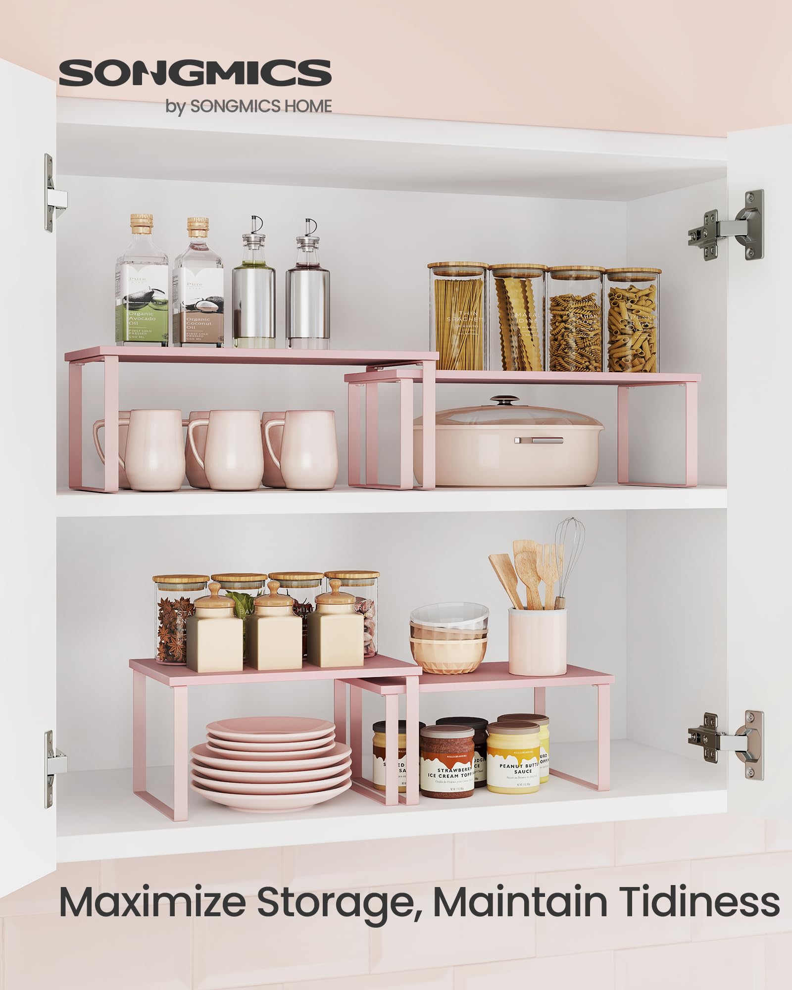 SONGMICS Cabinet Organizer Shelf, Set of 2 Kitchen Counter Shelves, Kitchen Storage, Spice Rack, Stackable, Expandable, Metal and Engineered Wood, 15.6 Inches, Jelly Pink UKCS025S01