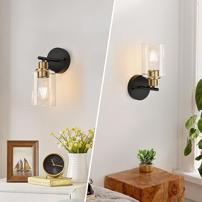 Zarbitta Set of 2 Wall Sconces for Bathroom, Black and Gold Modern Vanity Lights with Clear Glass Shade,Bathroom Wall Lamp for Mirror Kitchen Living Room Hallway Cabinet Porch