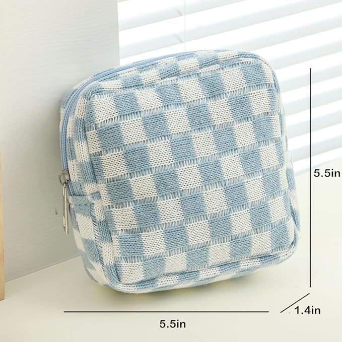 Small Blue Makeup Bag for Purse, Mini Checkered Cosmetic Bag Zipper Cute Make Up Pouch Travel Toiletry Case Quilted Aesthetic Accessories Makeup Storage Bag Organizer for Women
