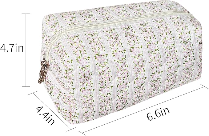 GISMTR Quilted Makeup Bag Floral Cotton Make up Bag Puffy Coquette Makeup pouch Aesthetic Cute Travel Toiletry Bag for Women Girls