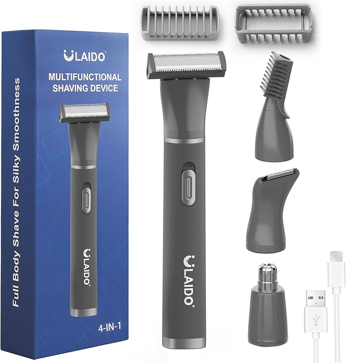 Body Hair Trimmer for Men, 4 in 1 Versatile Trimmer Shavers for Groin/Ball/Beard/Eyebrow/Nose/Ear Hair Shaver, USB-C Electric Pubic Hair Trimmer for Smooth Shaving with Storage Bag