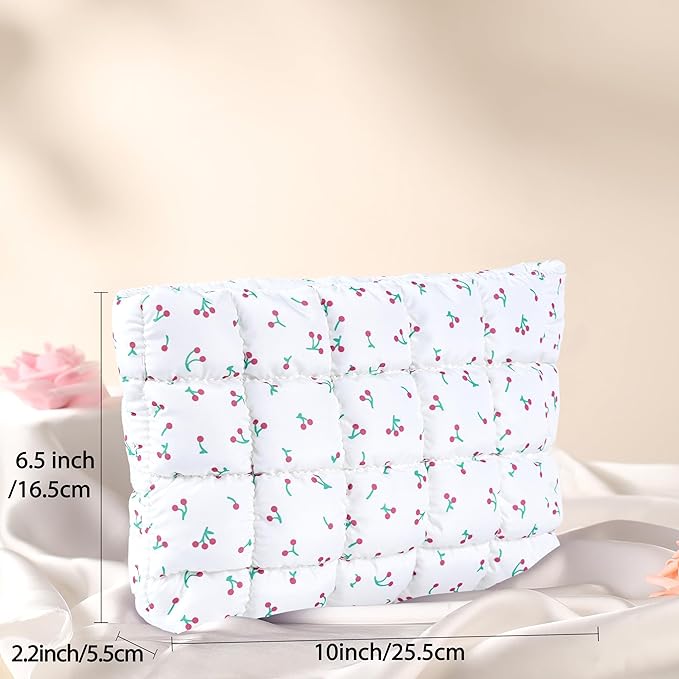 HFLZBRO Puffy Quilted Makeup Bag, Cosmetic Bag, Travel Toiletry Organizer Pouch, Clutch for Women (Cherry)