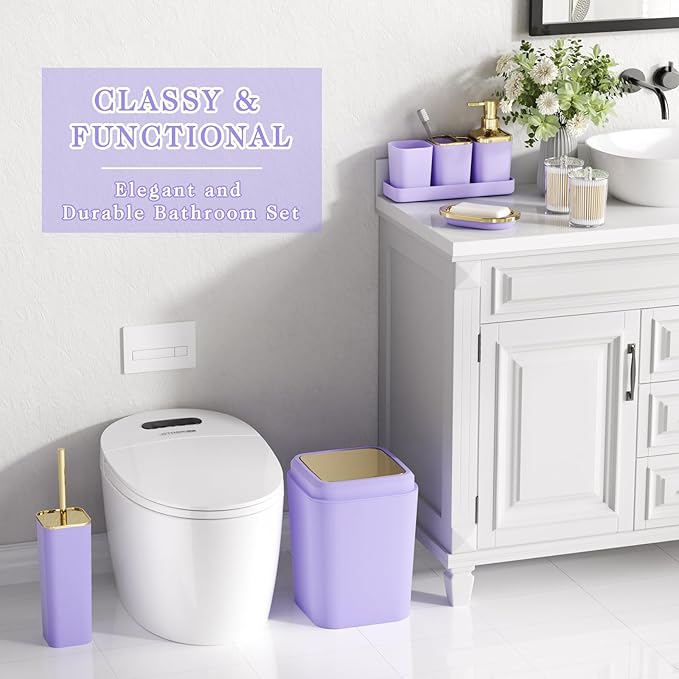XLHOMO Bathroom Set, 9PC Bathroom Accessory Set, Purple Bathroom Accessories, Purple Bathroom Set, Trash Can, Soap Dispenser for Home Decor