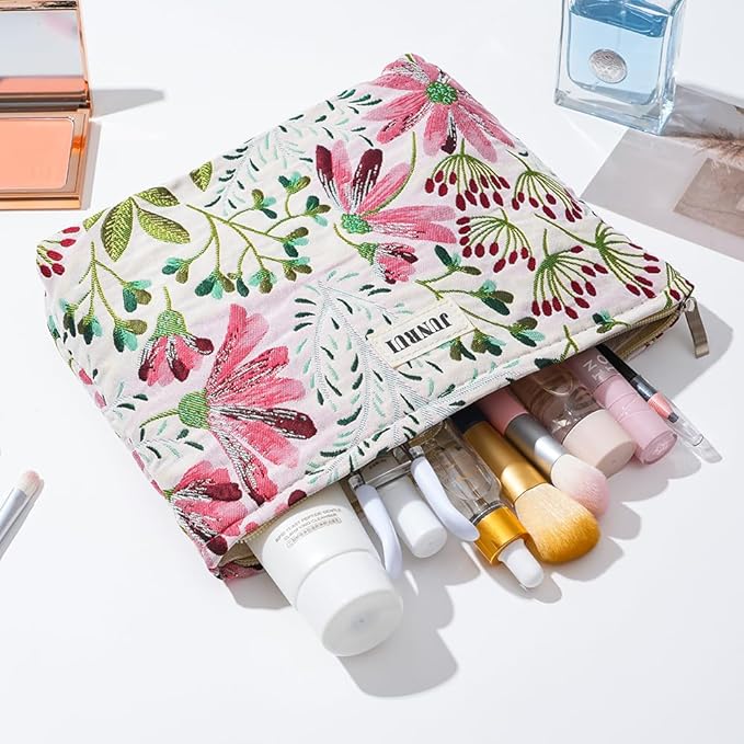 BOCGRPU Makeup Bag Small Cute Cosmetic Bags for Women，Floral Travel Toiletry Bag for Purse, Large Canvas Cosmetic Pouch Makeup Organizer Tool Pouch with Zipper（Colorful Plant）