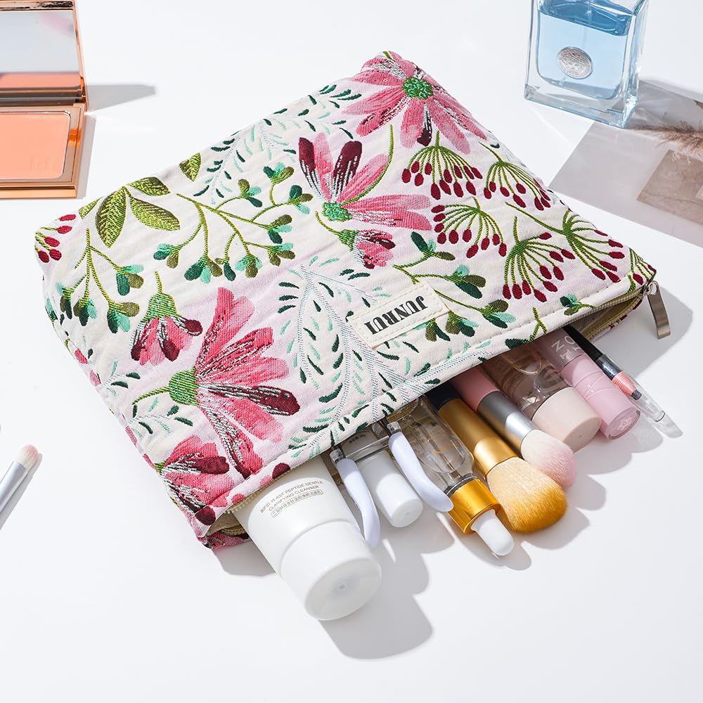 BOCGRPU Makeup Bag Small Cute Cosmetic Bags for Women，Floral Travel Toiletry Bag for Purse, Large Canvas Cosmetic Pouch Makeup Organizer Tool Pouch with Zipper（Colorful Plant）