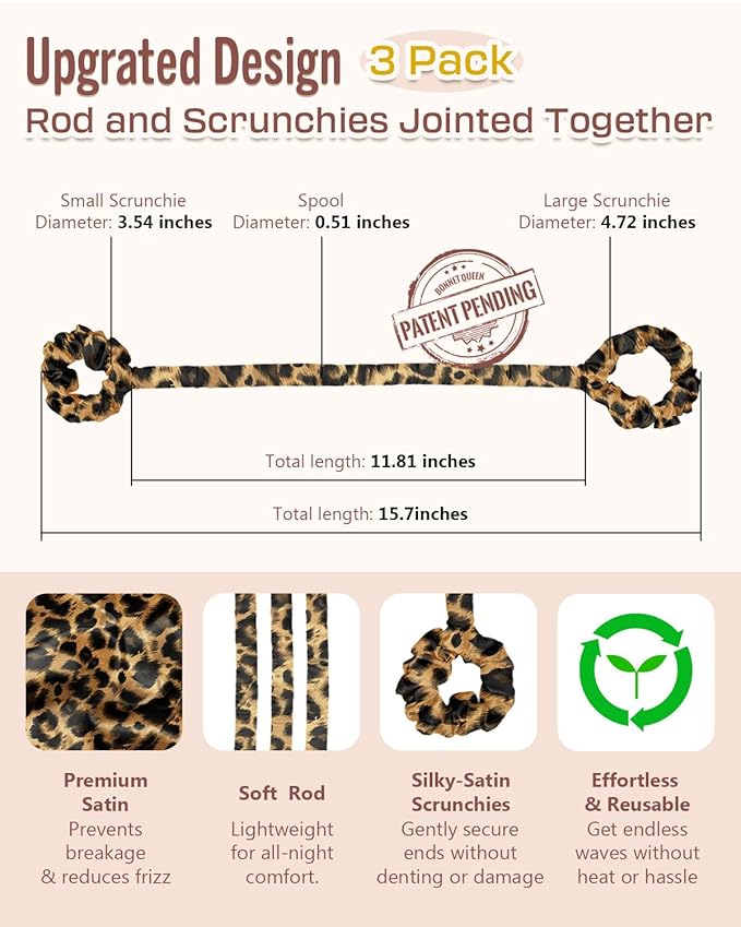 BONNET QUEEN 3 Pack Small Satin Heatless Hair Curler for Medium to Long Thick Hair, Heatless Curls Overnight, Hair Curlers to Sleep In, Damage-Free Small Curls with Built-in Scrunchie, Leopard