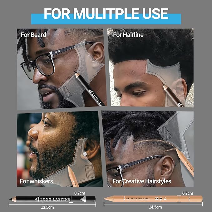 Noerrors Barber Pencil for Lineup Magic Hairline Pencils Barber Chalk Set Beard Guide Pen with Sharpener Ruler Brush for Hair Design Shaping Makeup Tool for Men #White Beige Skin Tone Black Brown Tan