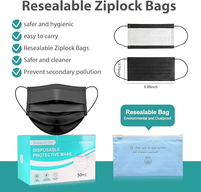 Assacalynn Disposable Mask 4 Layer 2023 Black Mask with White Inside, Breathable Single Use Dust Mask with Wider Soft Earloops for Adult Men Women Box 50 Pack