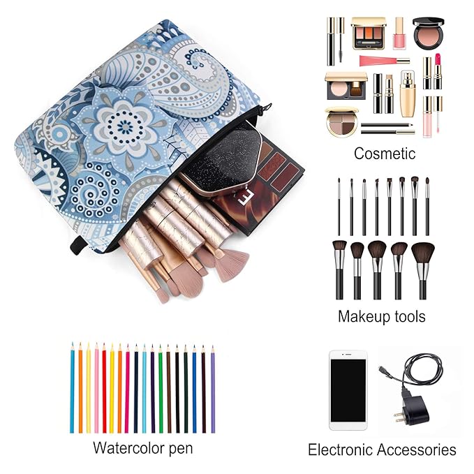 MAGEFY Makeup Bags for Women, Portable Travel Cosmetic Bag with Black Zipper Pouch Waterproof Makeup Pouch Multifunctional Small Bag for Women (1 pack, blue flower 0175)